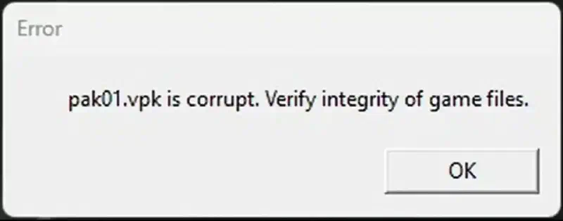 pak01.vpk is corrupt error screenshot