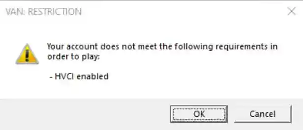 Screenshot of VAN RESTRICTION – HVCI Enabled error