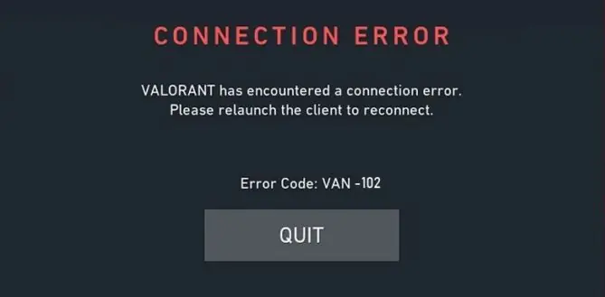 Screenshot of CONNECTION ERROR VANGUARD: VAN -102 error code
