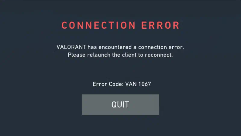 Screenshot of CONNECTION ERROR VANGUARD: VAN -1067 error code