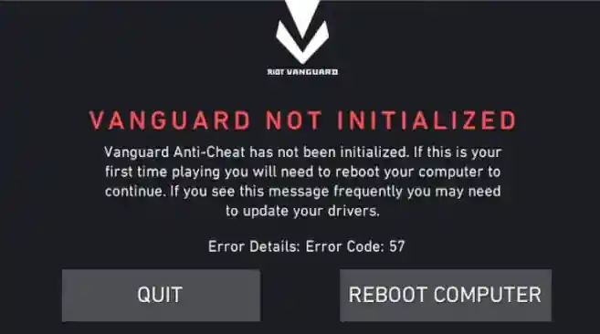 Screenshot of Valorant Error Code VAN 57
