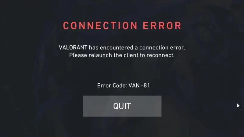 Screenshot of CONNECTION ERROR VANGUARD: VAN -81 error code